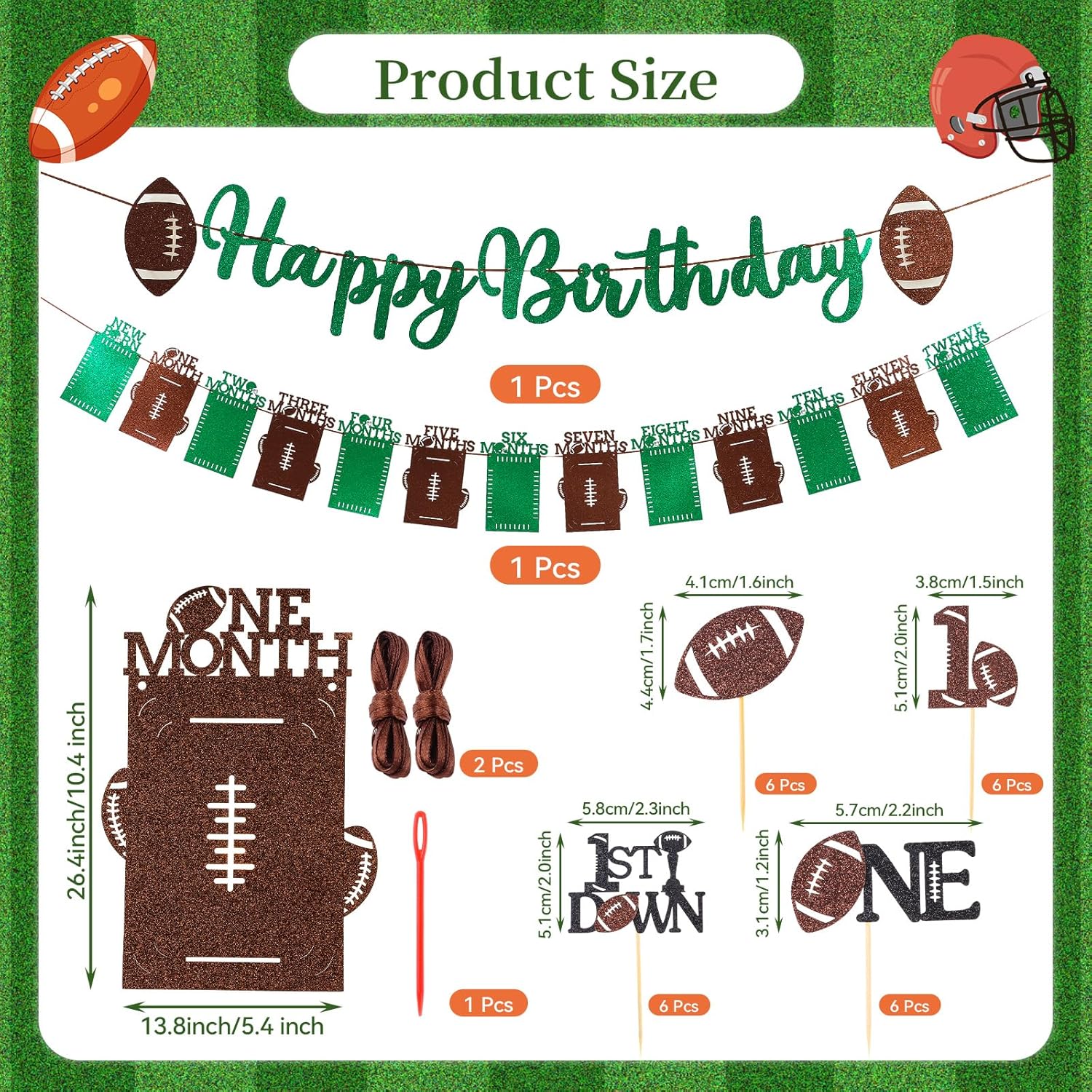 Glitter Football Birthday Photo Banner Set with 24pcs Cake Toppers