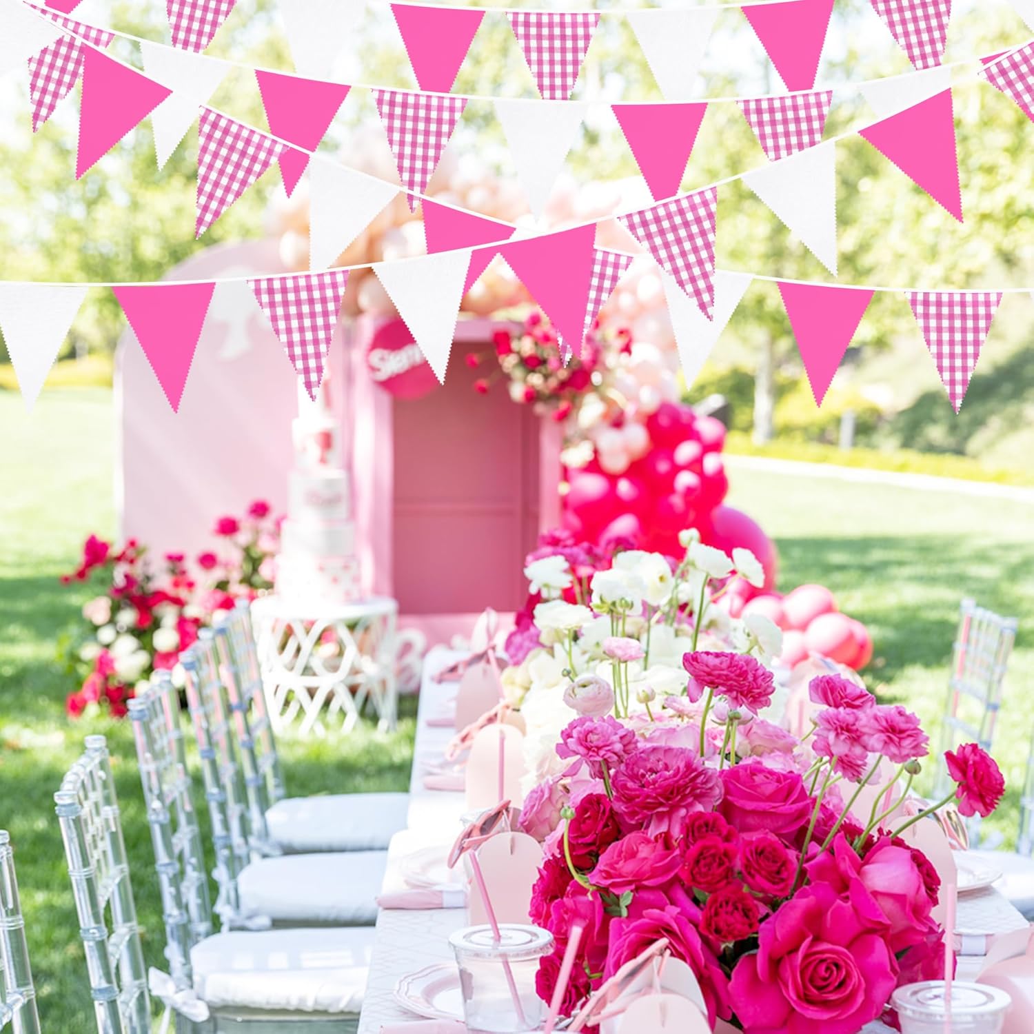 32 Ft Hot Pink Buffalo Plaid Checkered Flag Garland for Parties