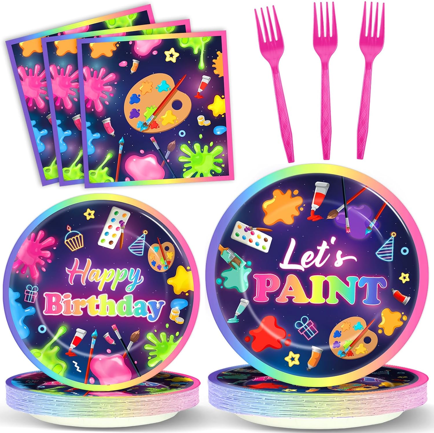 Justforjoyful 96Pcs Neon Paint Party Set for 24 Guests