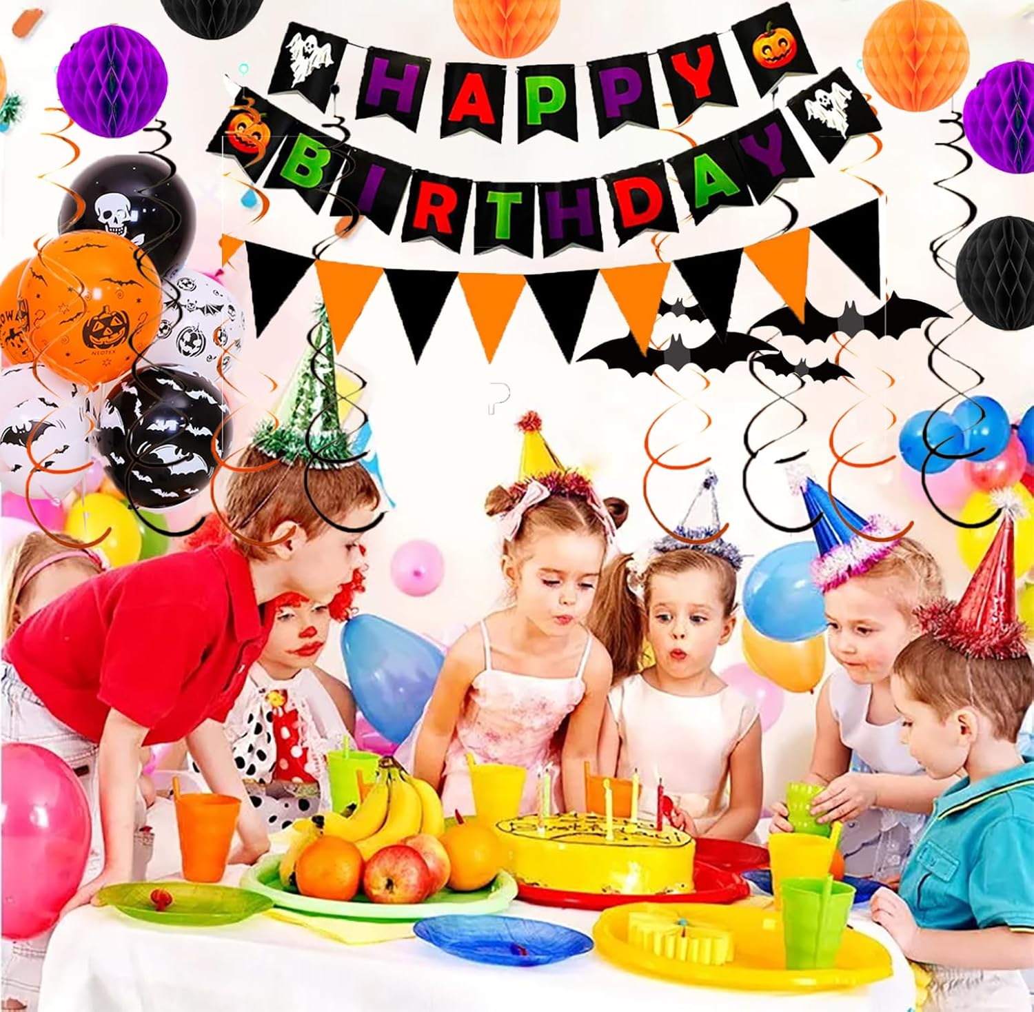 Halloween Birthday Decorations Set with Banners and Balloons