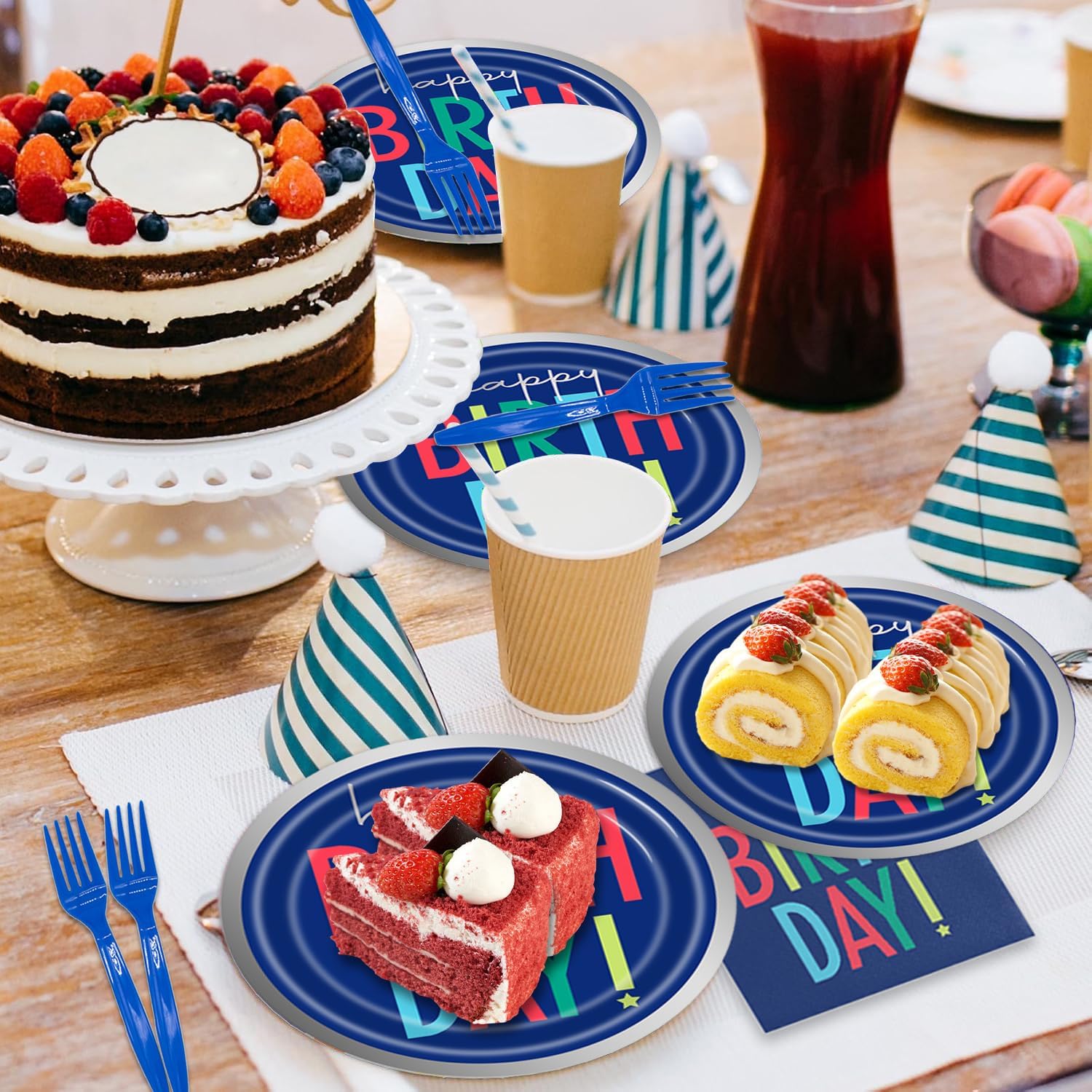 96Pcs Dark Blue Birthday Tableware Set for 24 Guests