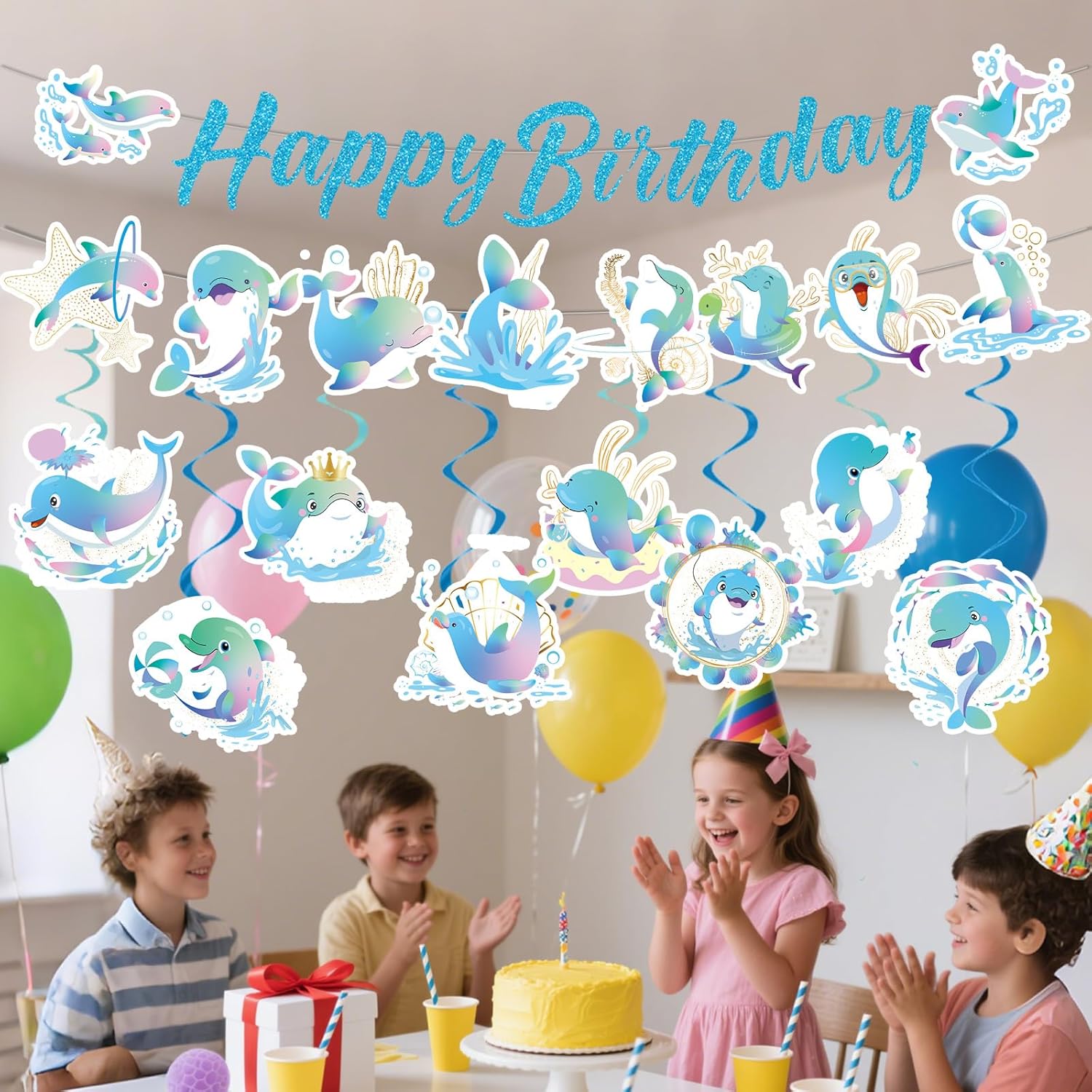 Dolphin Birthday Decorations 10PCS Banners with Swirls