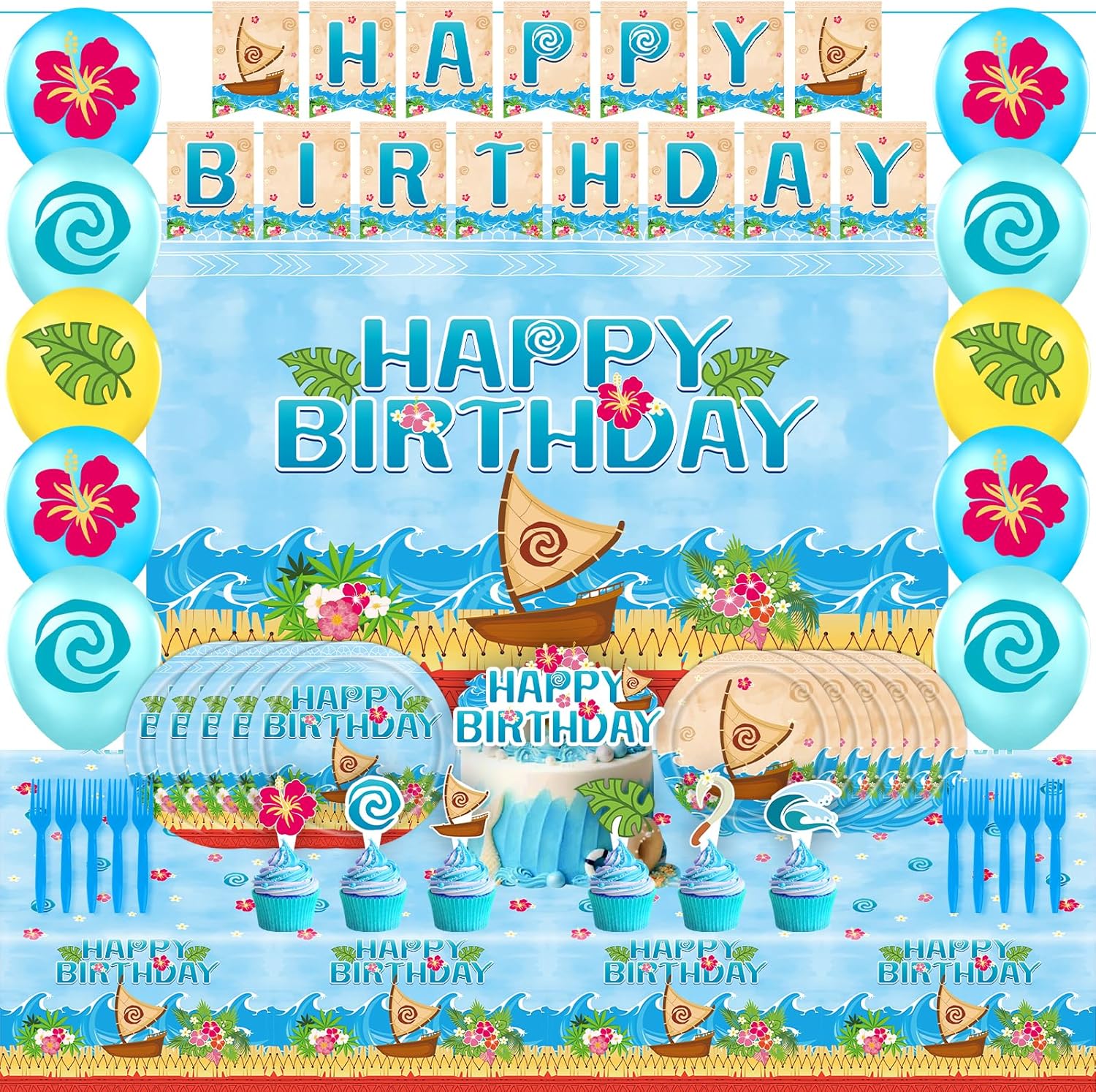Tropical Hawaiian Birthday Party Tableware Set with Balloons and Decorations