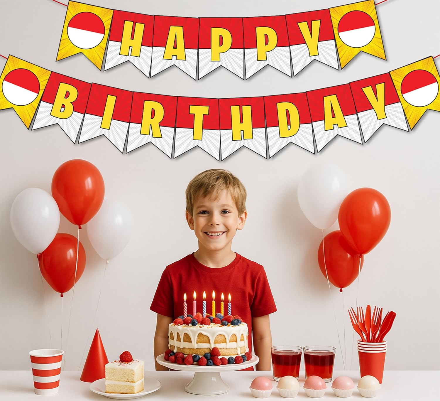 IndoTribe Cartoon Birthday Banner 10 Feet Yellow Red White