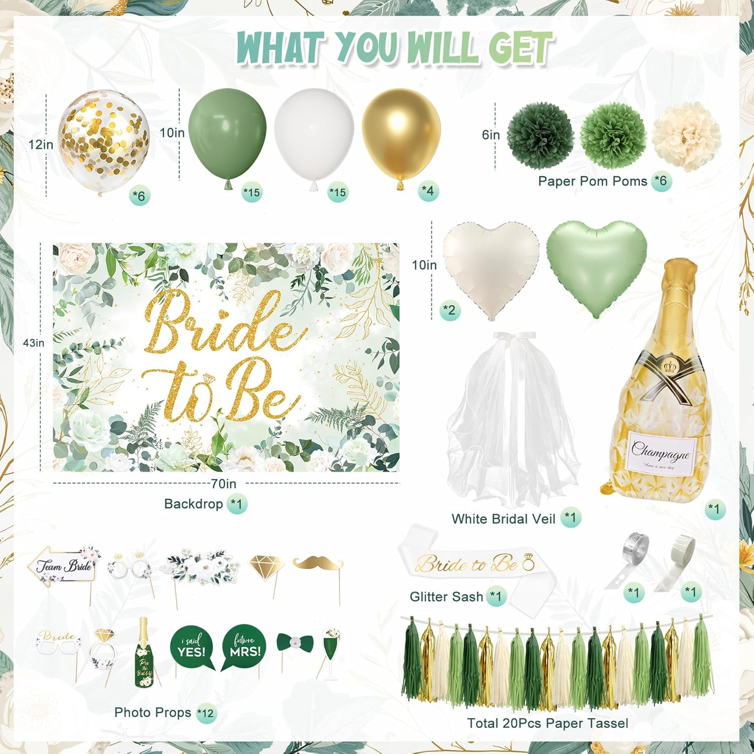 Sage Green Bridal Shower Decorations Set