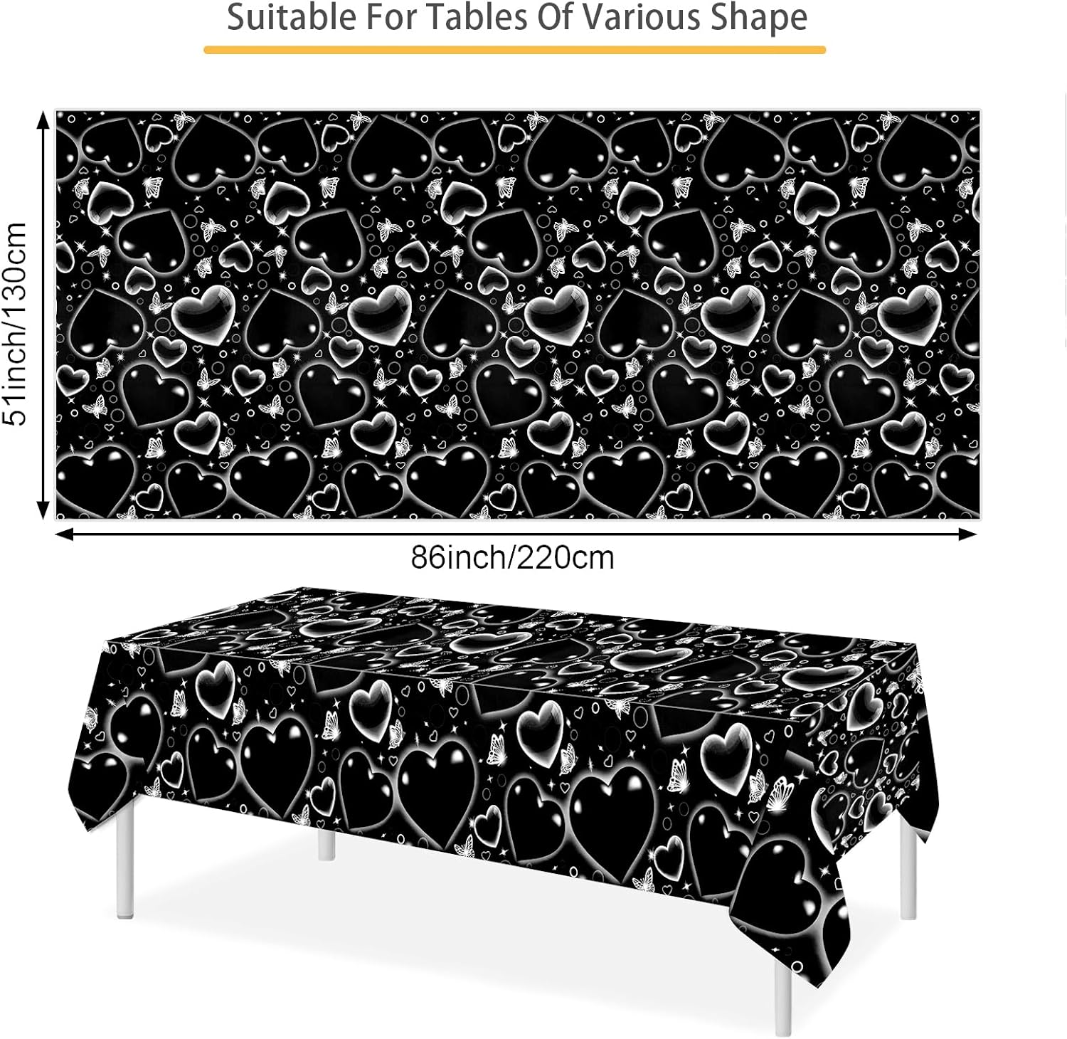 PHOGARY Black Heart Table Cloth 3 Pack 51x87 Inches