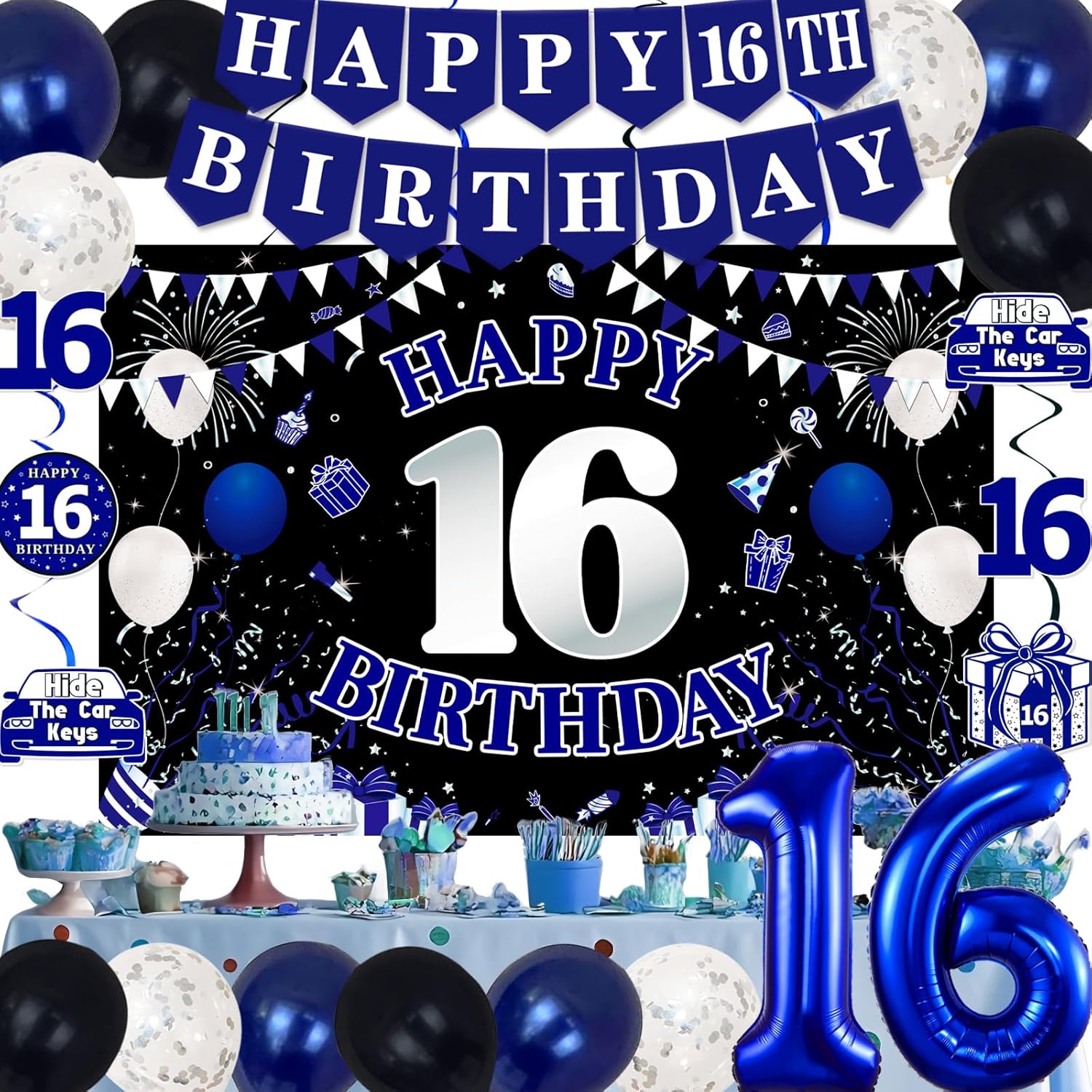 16th Birthday Decorations Blue Black Party Supplies
