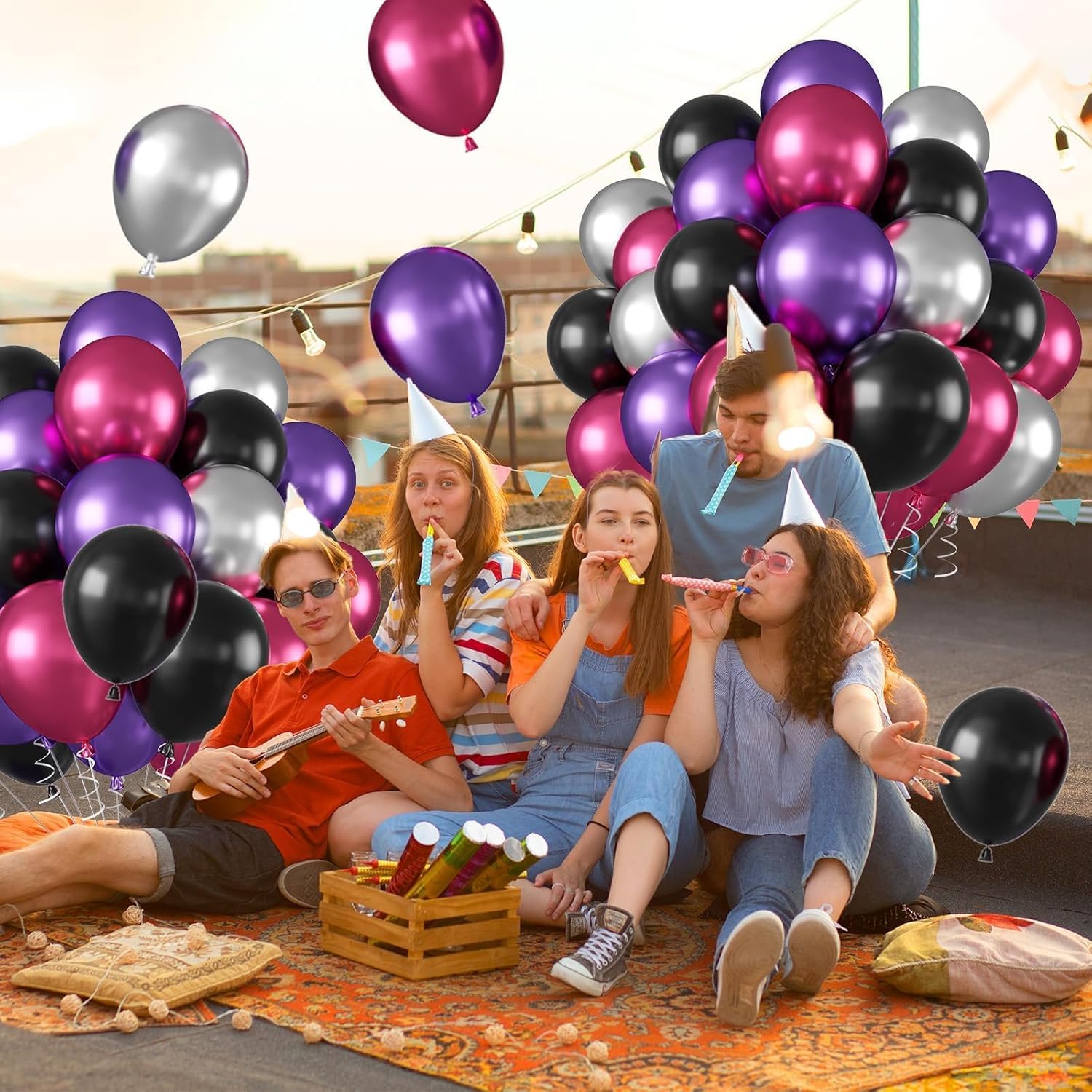12 Inch Metallic Pink Purple Black and Silver Balloons with Ribbon