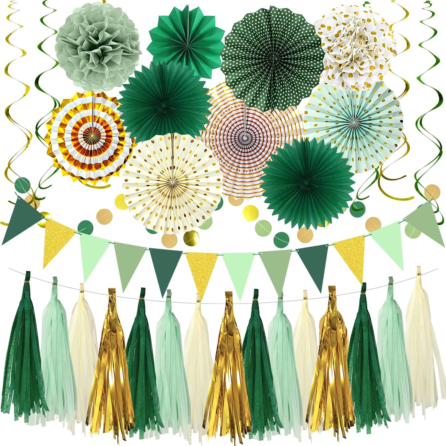 MEIWUTIE Green Gold Paper Fan Decorations Set