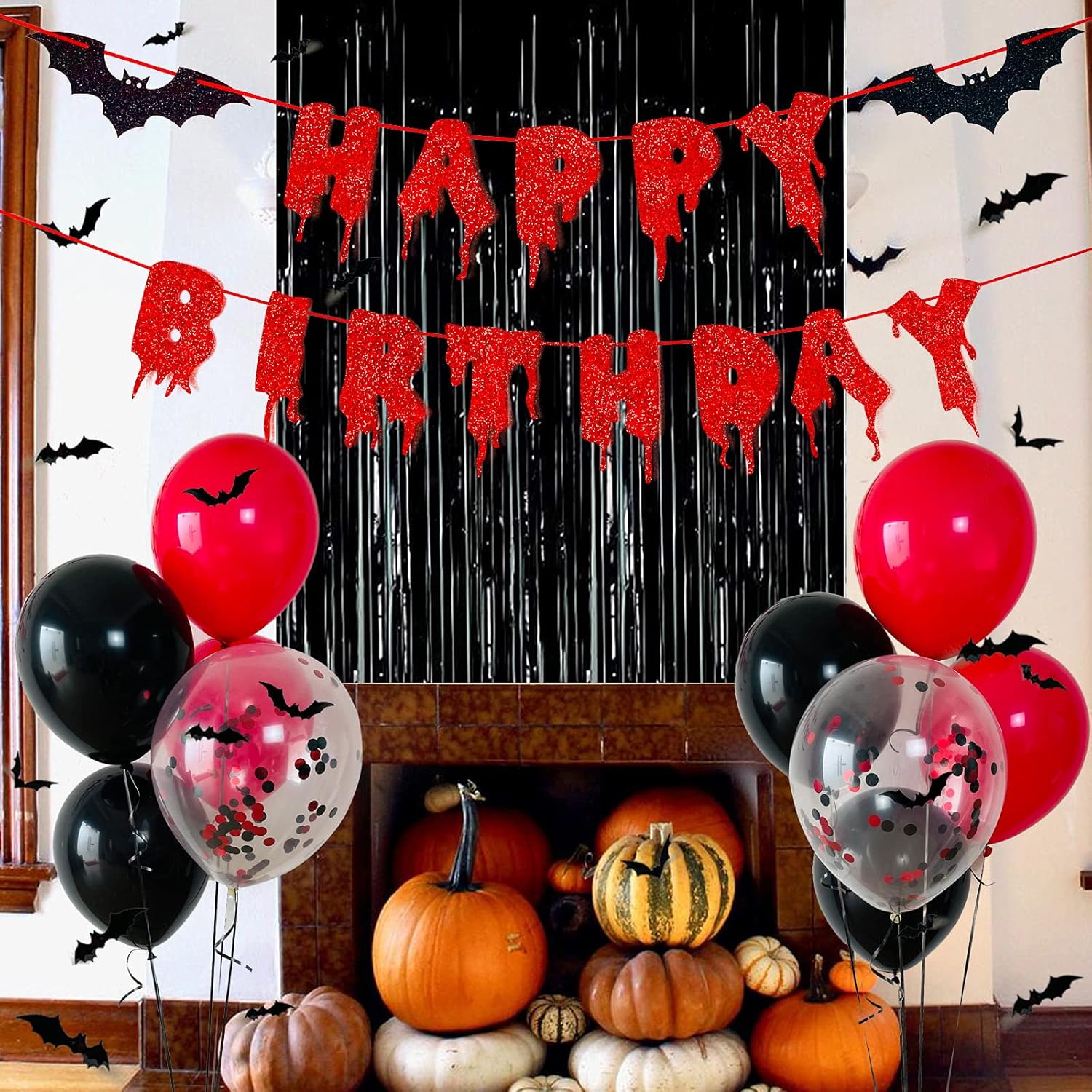 Red Glittery Halloween Birthday Party Decor Banner Set