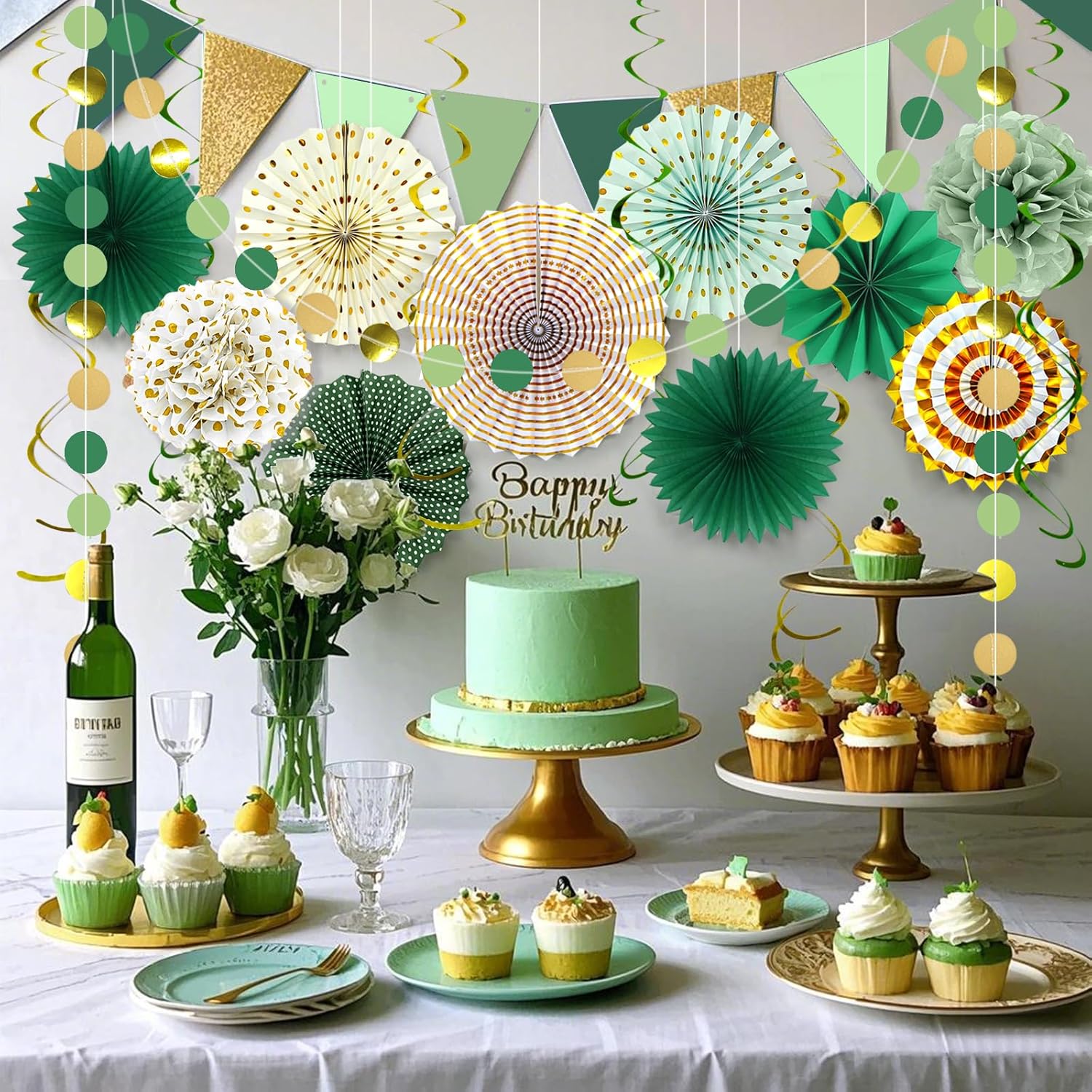 MEIWUTIE Green Gold Paper Fan Decorations Set