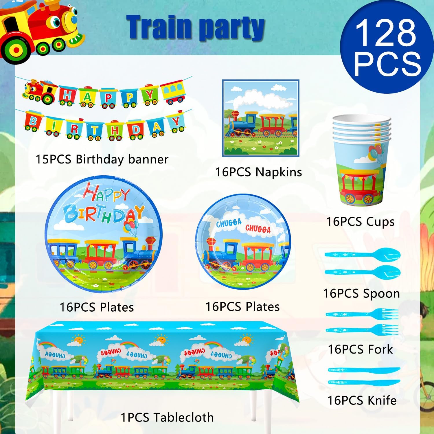 Train Birthday Party Supplies 128pcs Set