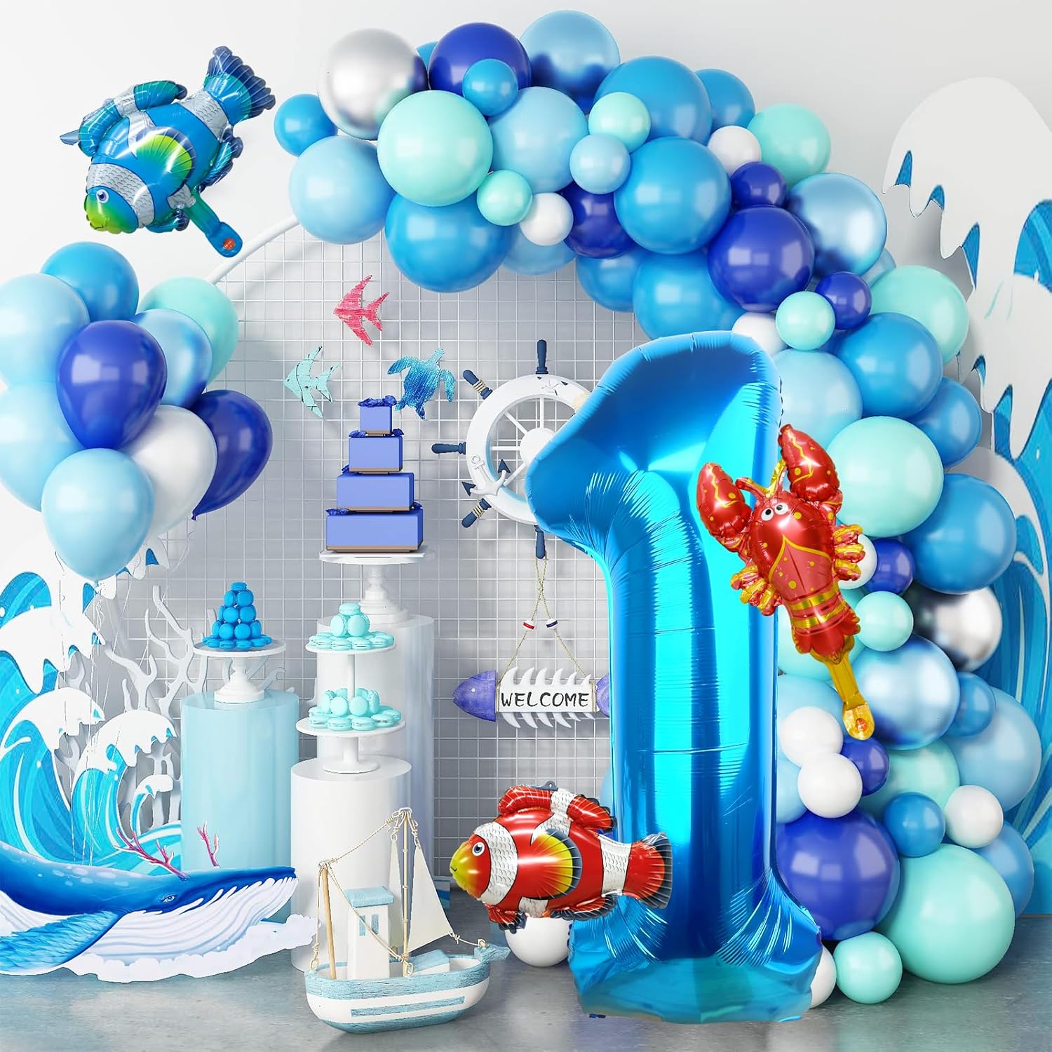 40 Inch Blue Number 1 Balloon with Sea Animal Decor