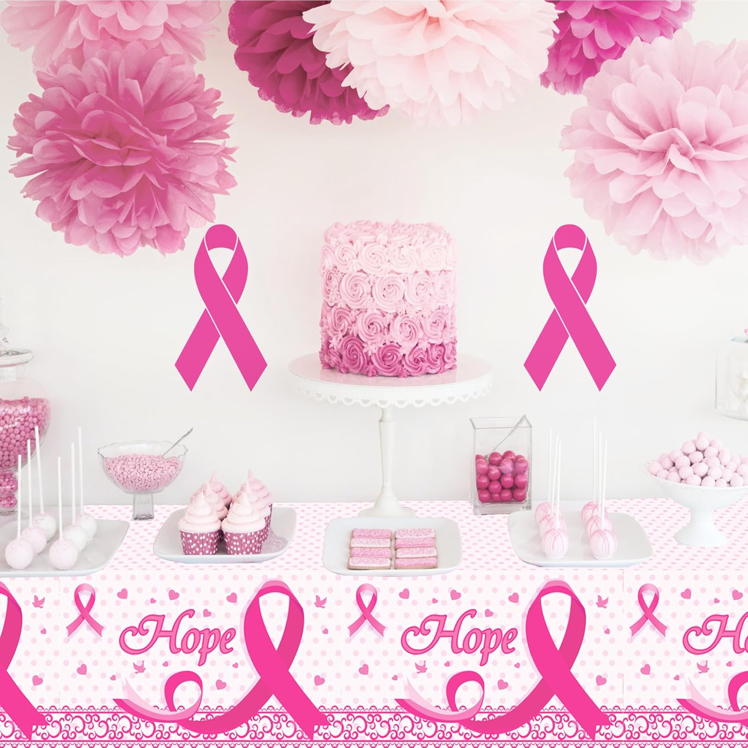 3PCS Breast Cancer Tablecloth Rectangular Plastic Covers Pink Ribbon Decorations