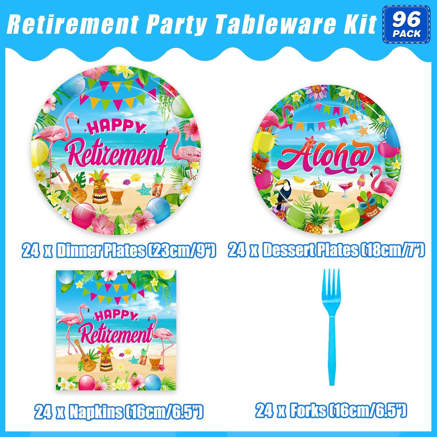 96 Pcs Hawaiian Aloha Retirement Party Plates Set