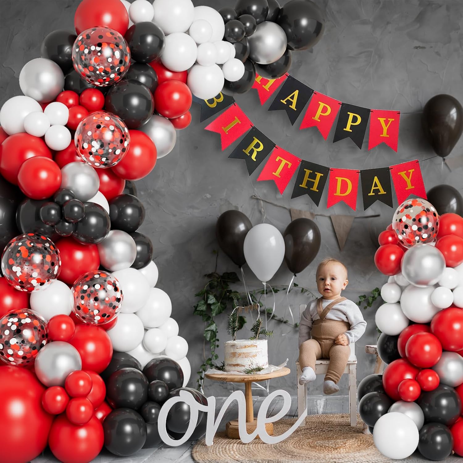 DBKL Party Balloon Garland Arch Kit with Red Black White Silver Confetti Balloons