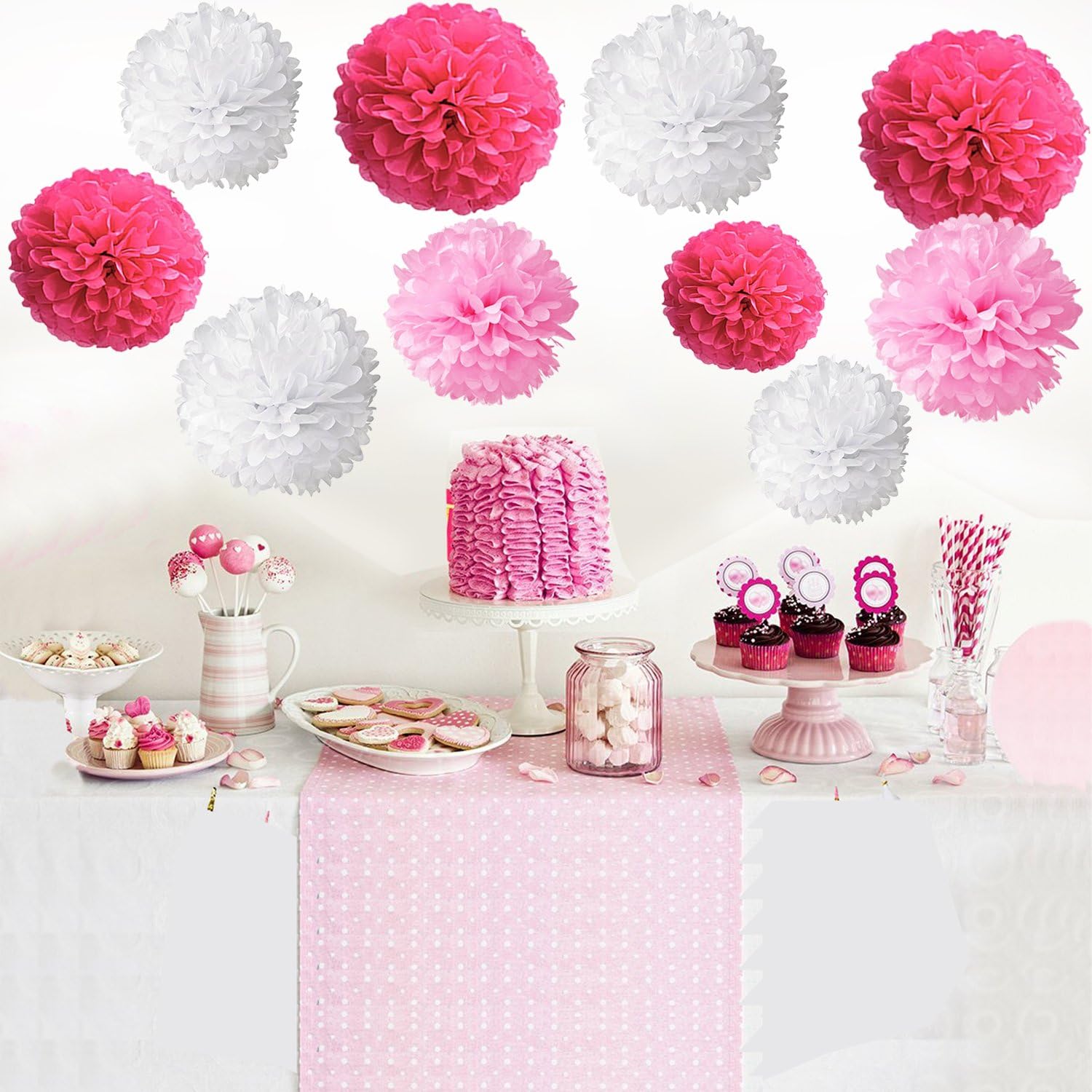 Wartoon Tissue Paper Pom Poms Flowers Set 12 Pieces Hot Pink Pink White