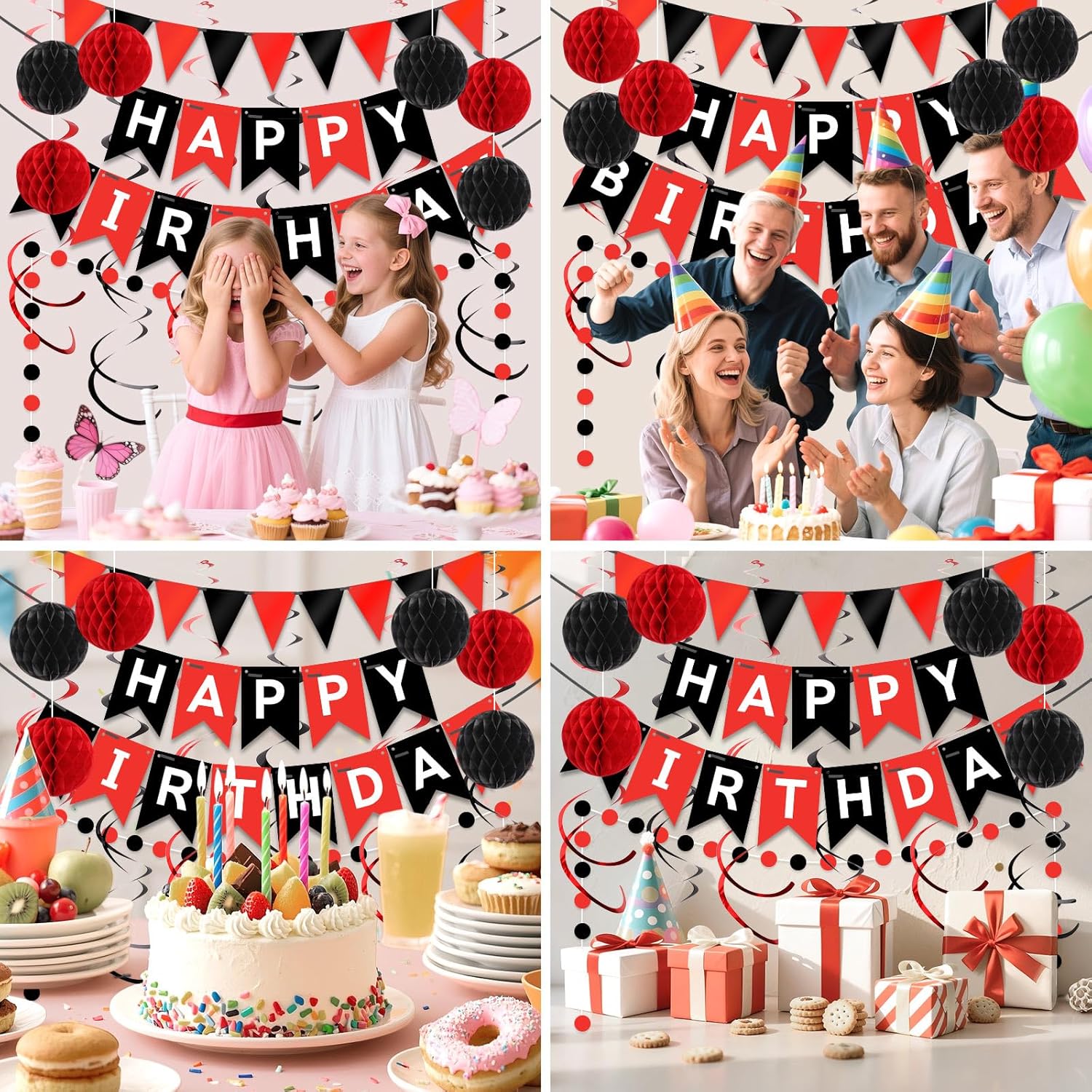Red Black Happy Birthday Banner Decorations