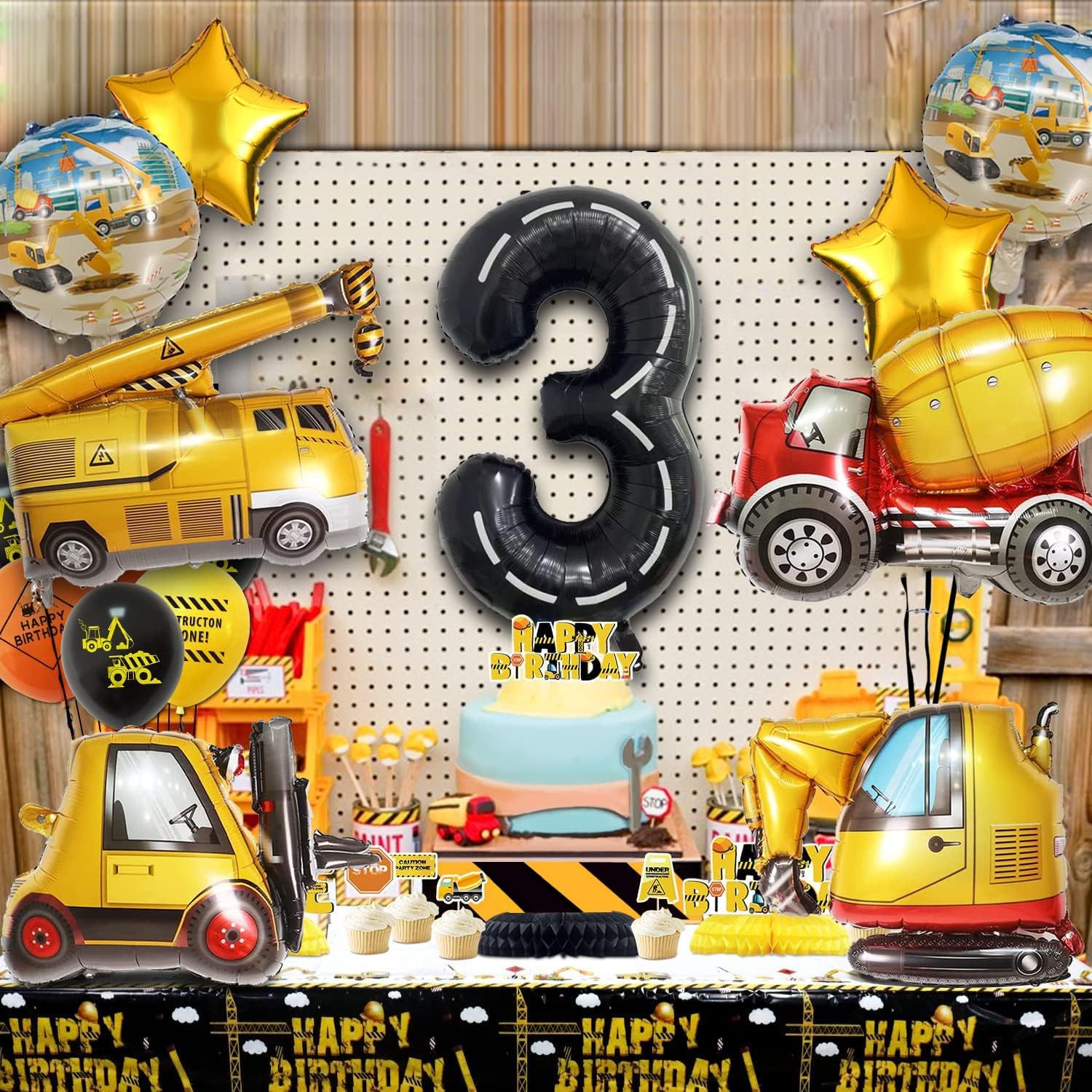 Construction Truck Balloons for 3rd Birthday Party Decorations