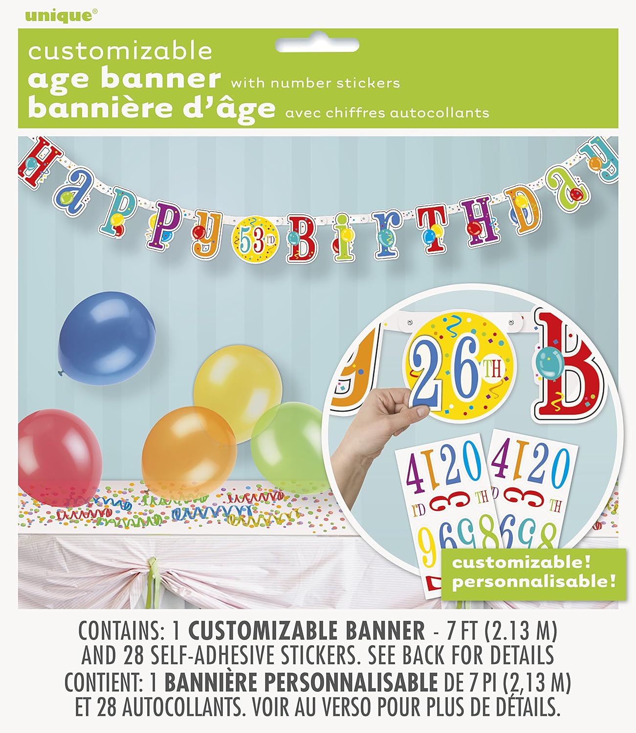 Happy Birthday Jumbo Jointed Banner with Number Stickers Pack of 12