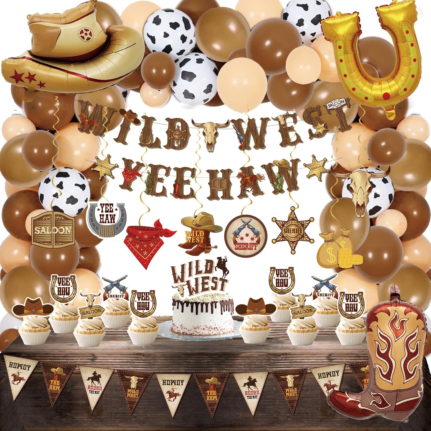 Western Party Decorations 120PCS Cowboy Balloons Banners Hats Boots