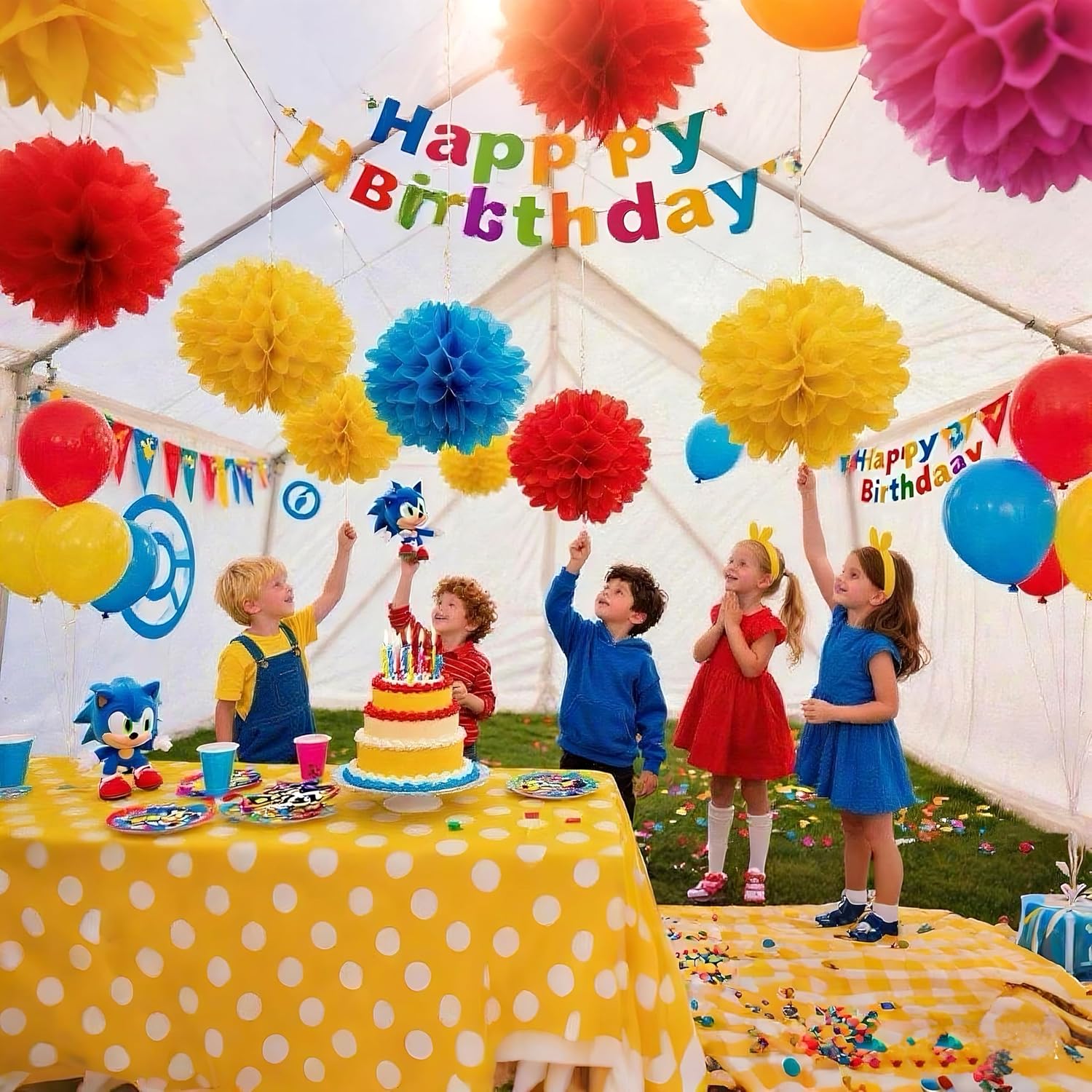 Blue Yellow Red Paper Pom Poms 10inch 12inch Set of 12