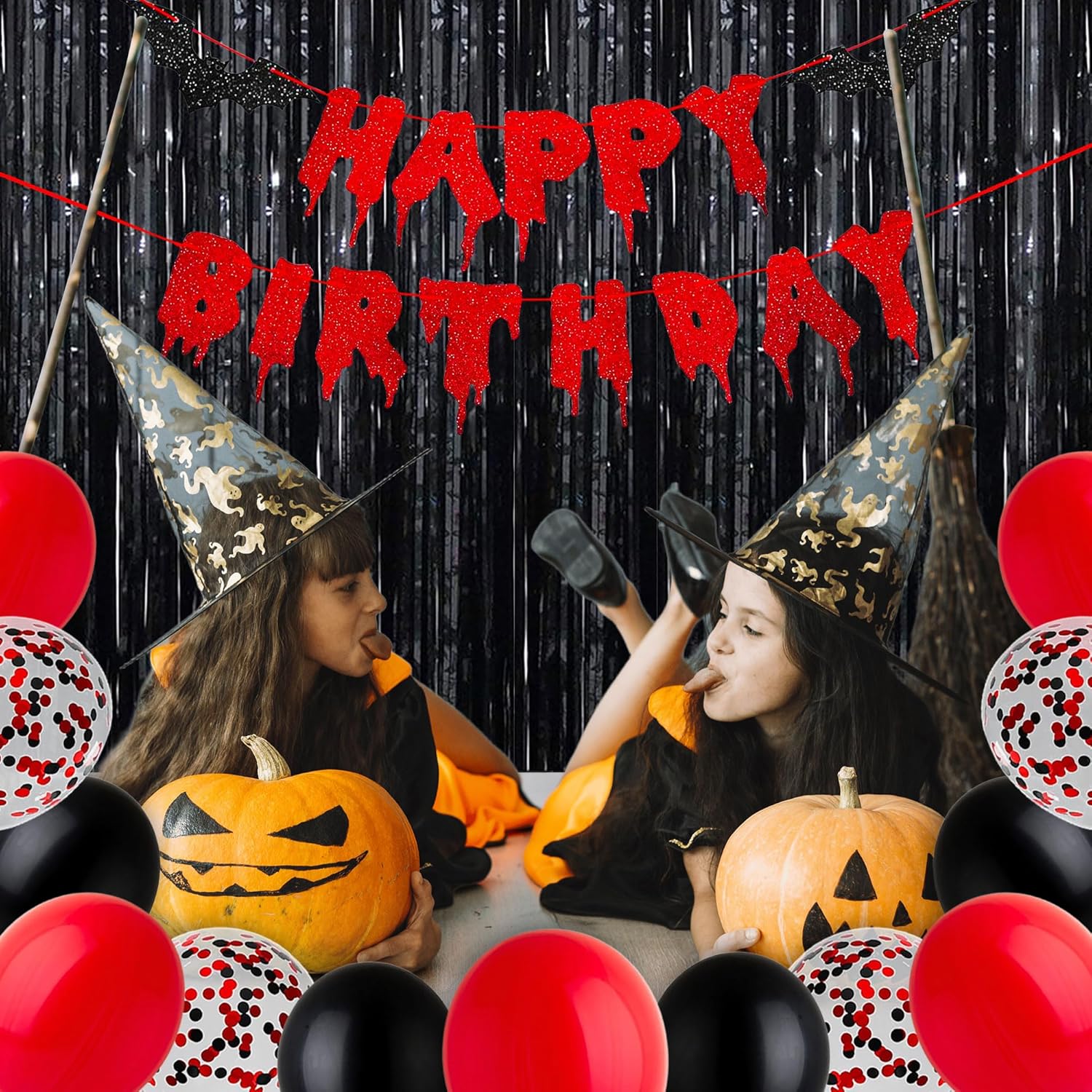 Halloween Happy Birthday Banner with Balloons and Decor