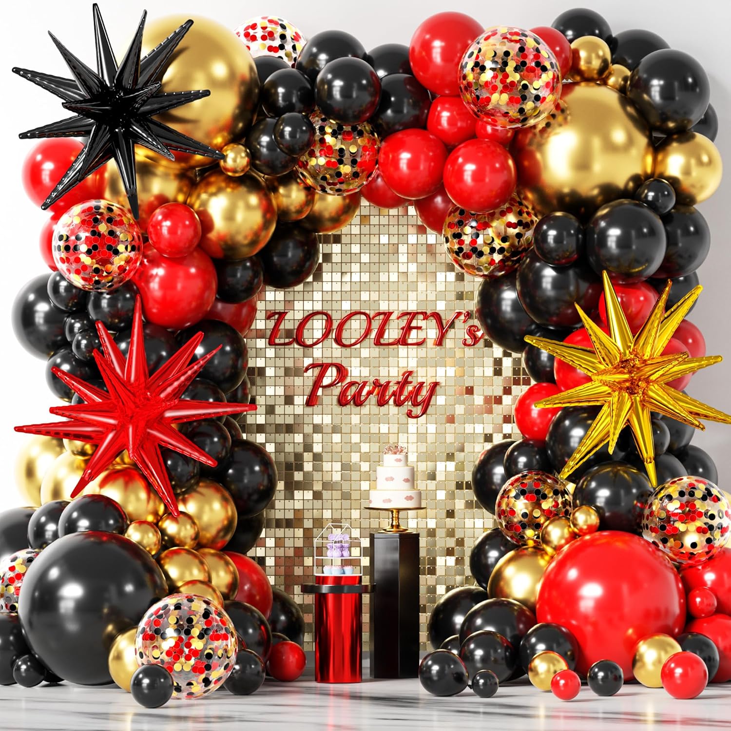 LOOLEY 137Pcs Red Black Gold Balloons Garland Arch Kit with Stars