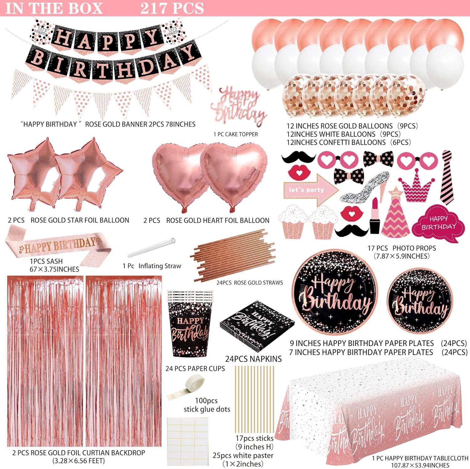 Rose Gold Birthday Decorations for Women - 170pcs