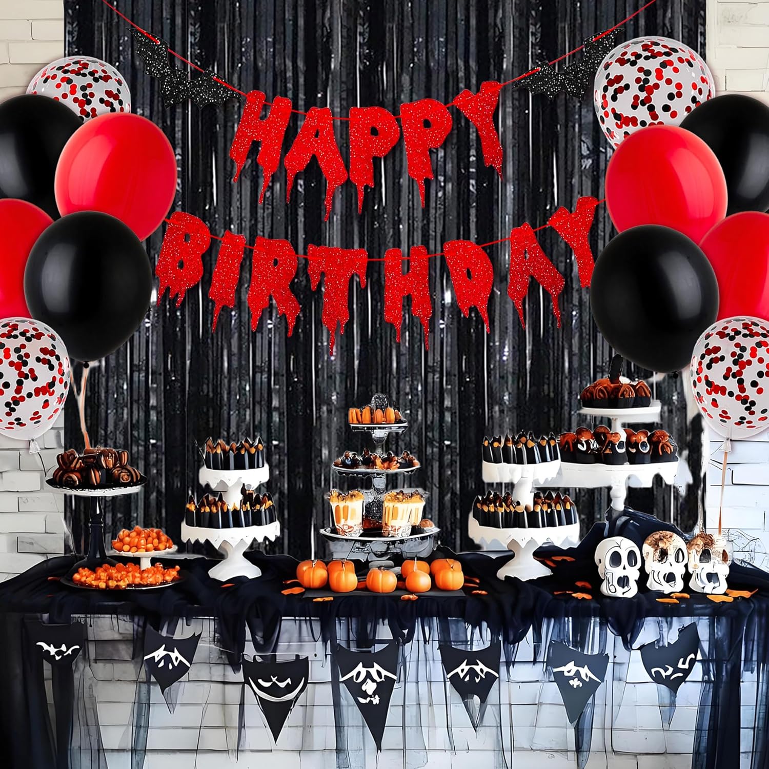 Halloween Happy Birthday Banner with Balloons and Decor