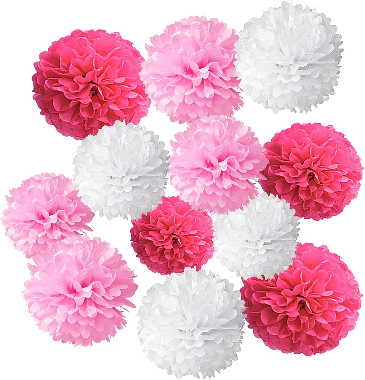 Wartoon Tissue Paper Pom Poms Flowers Set 12 Pieces Hot Pink Pink White